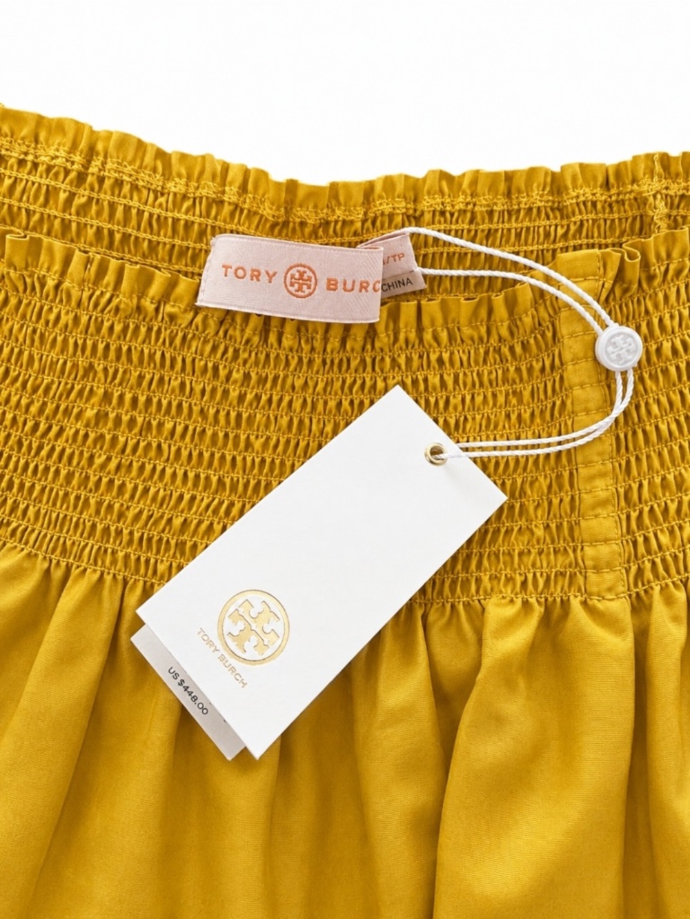 NWT Tory Burch Flaming Yellow Smocked Shoulder Tie Midi Dress Silk Blend XS - Picture 3 of 3